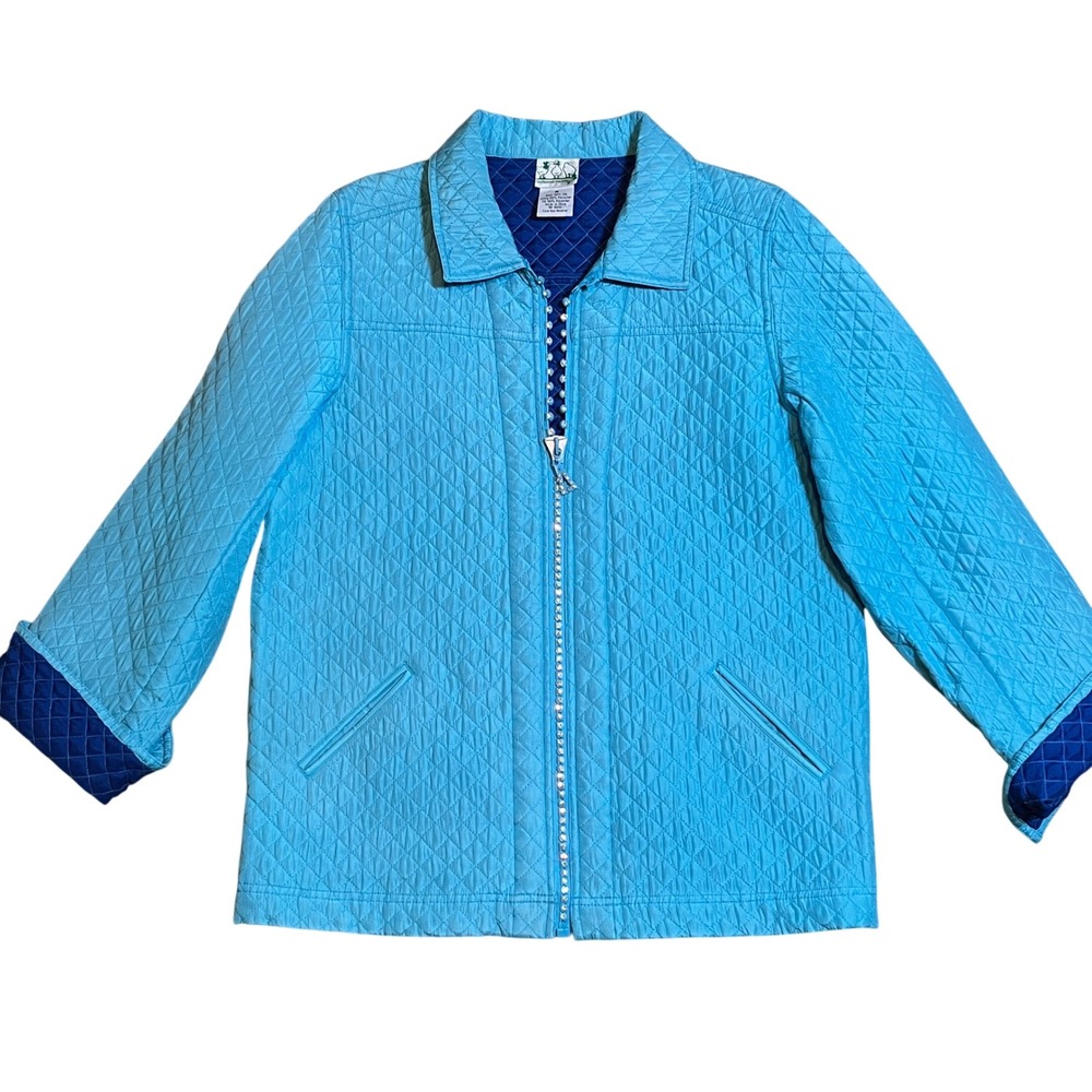 Quacker Factory Quilted Silk Jacket Womens M Blue Zip Up Rhinestone Embellished